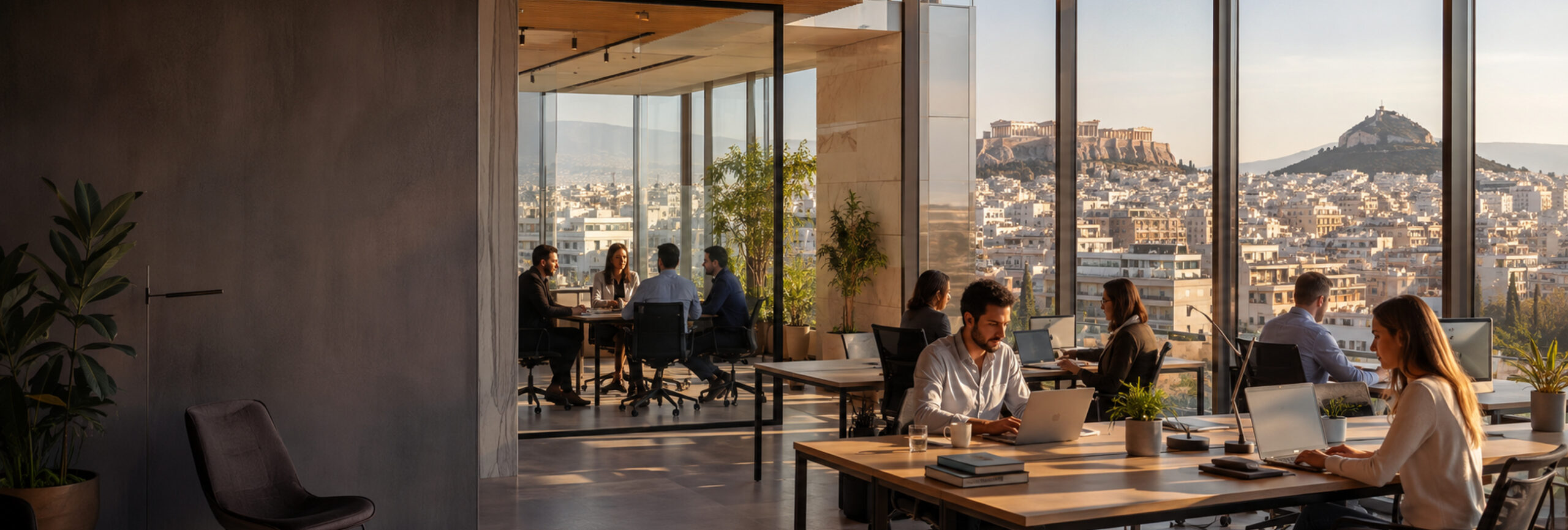 Modern collaborative office overlooking Athens